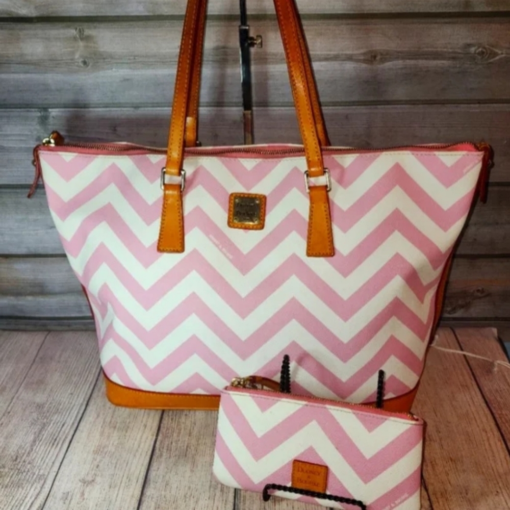 Authentic Dooney & Bourke "Coated Cotton" Chevron Tote with Small Zippered Pouch